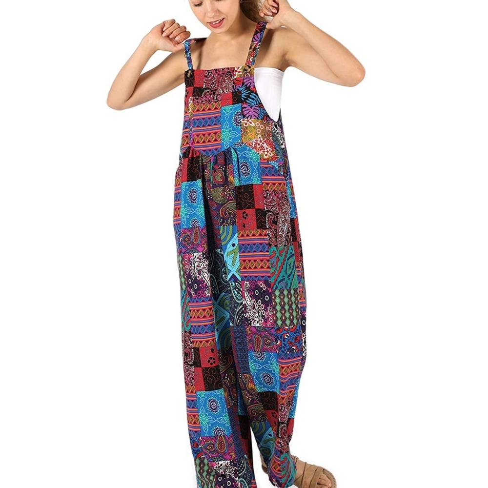 Women's jumpsuit Loose Colorblock Floral Print Wide Leg Button Bib Overall pant